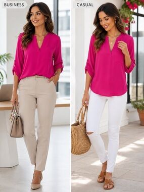 Gibson Latimer Luxe Hot Pink Tunic Blouse | Elegant Roll-Tab Top